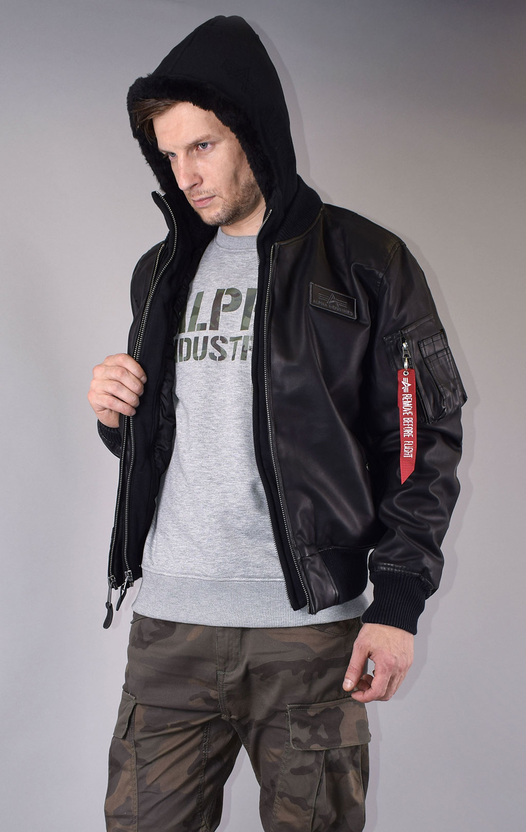 Куртка-бомбер лётная ALPHA INDUSTRIES D-Tec FL MA-1 экокожа black/black 