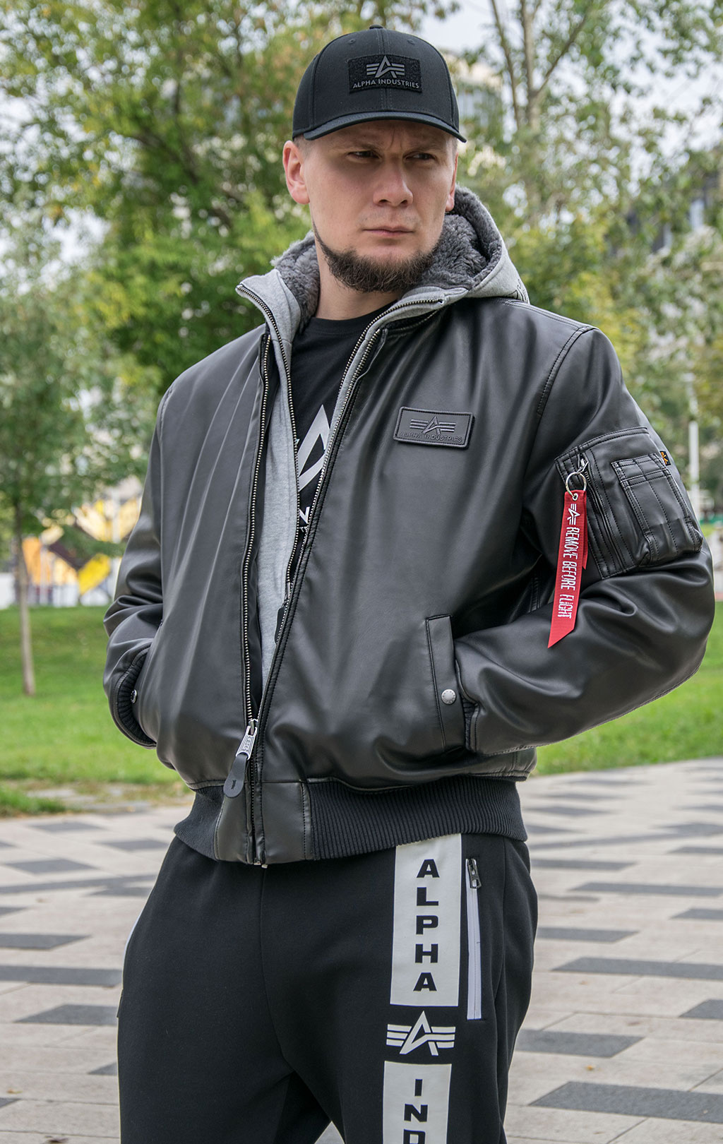 Куртка-бомбер лётная ALPHA INDUSTRIES D-Tec FL MA-1 экокожа black/grey 