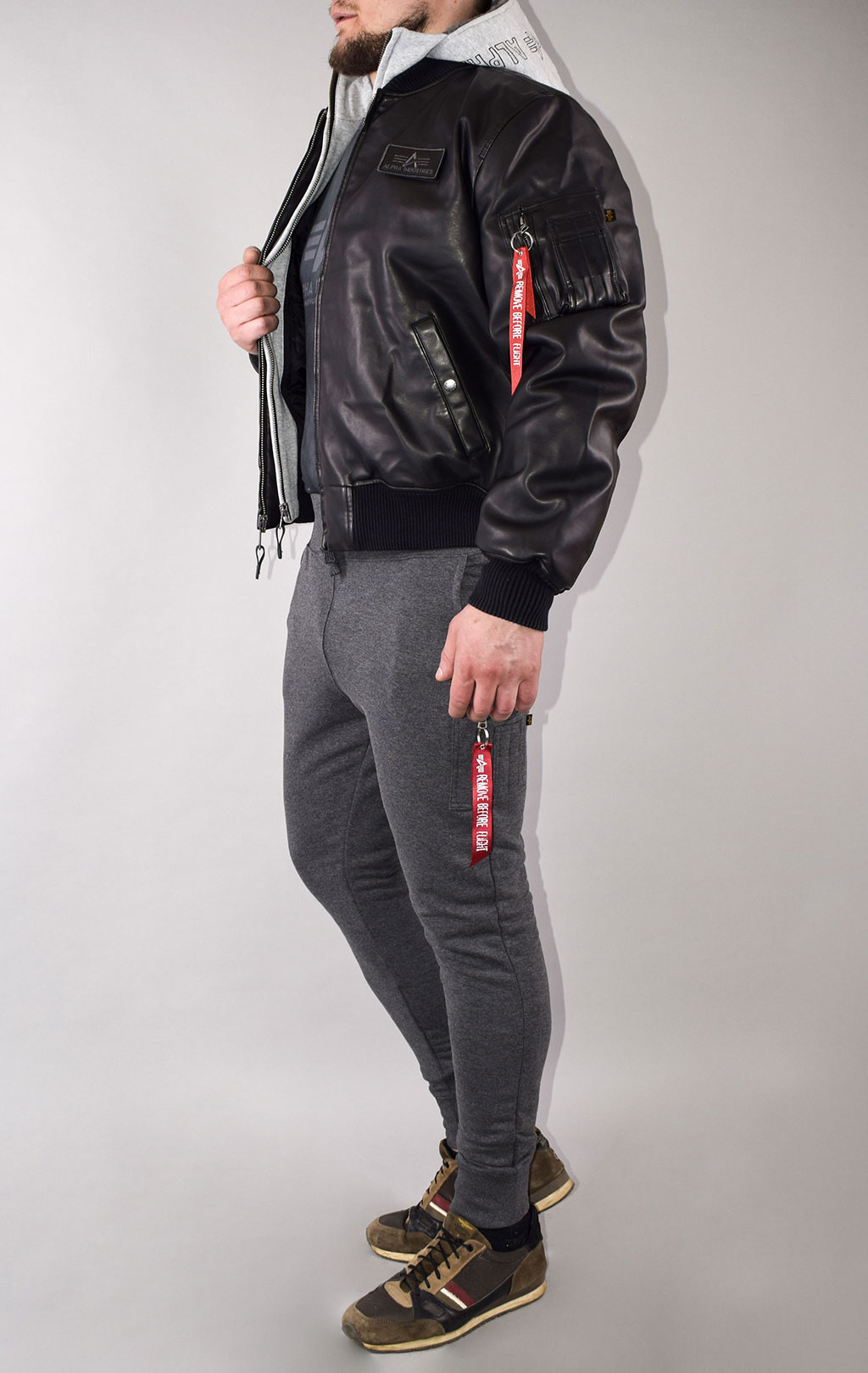 Куртка-бомбер лётная ALPHA INDUSTRIES D-Tec FL MA-1 экокожа black/grey 