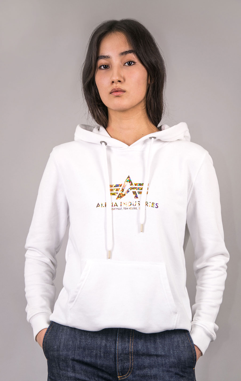 Женская толстовка ALPHA INDUSTRIES NEW BASIC HOODY HOL. PRINT white/gold crystal 