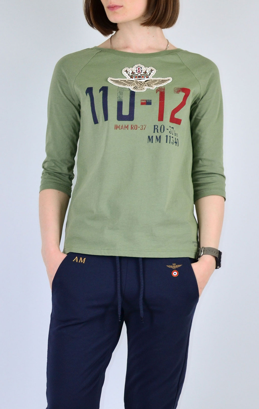 Женская футболка AERONAUTICA MILITARE рукава 3/4 verde militare (TS 1506) 