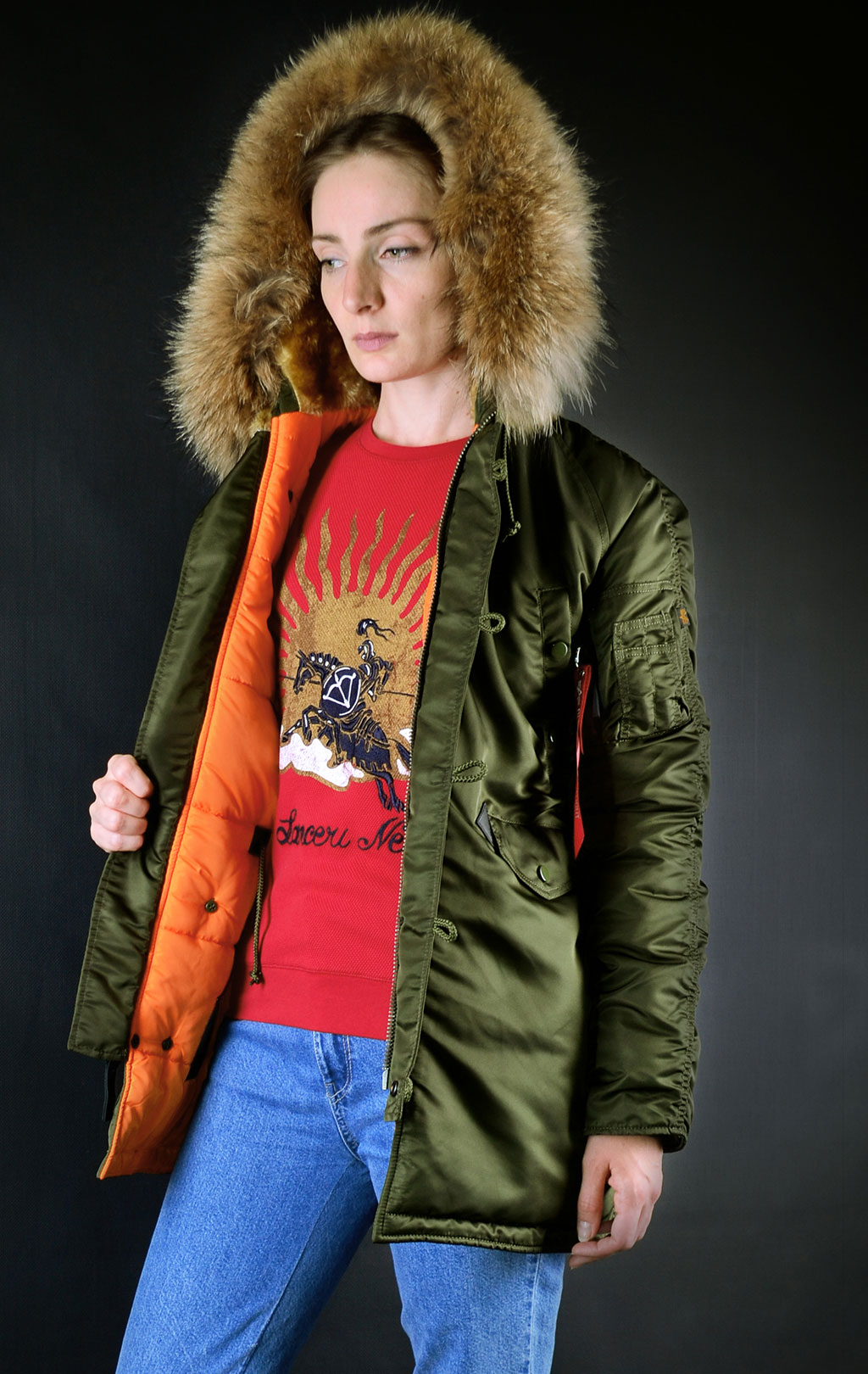 Женская аляска ALPHA INDUSTRIES VF 59 N-3B натур. мех dark green 