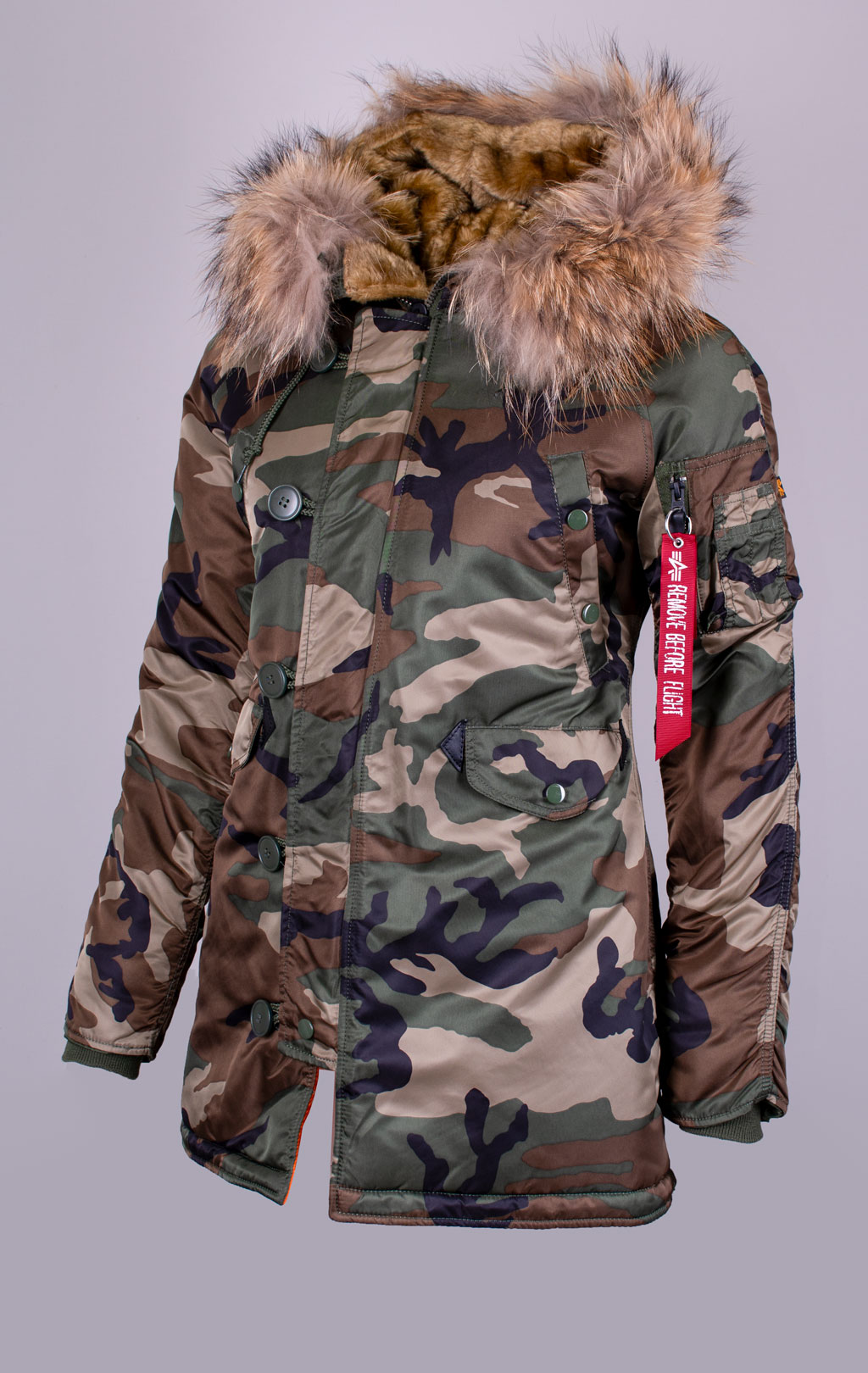 Женская аляска ALPHA INDUSTRIES VF 59 N-3B натур. мех camo woodland 65 