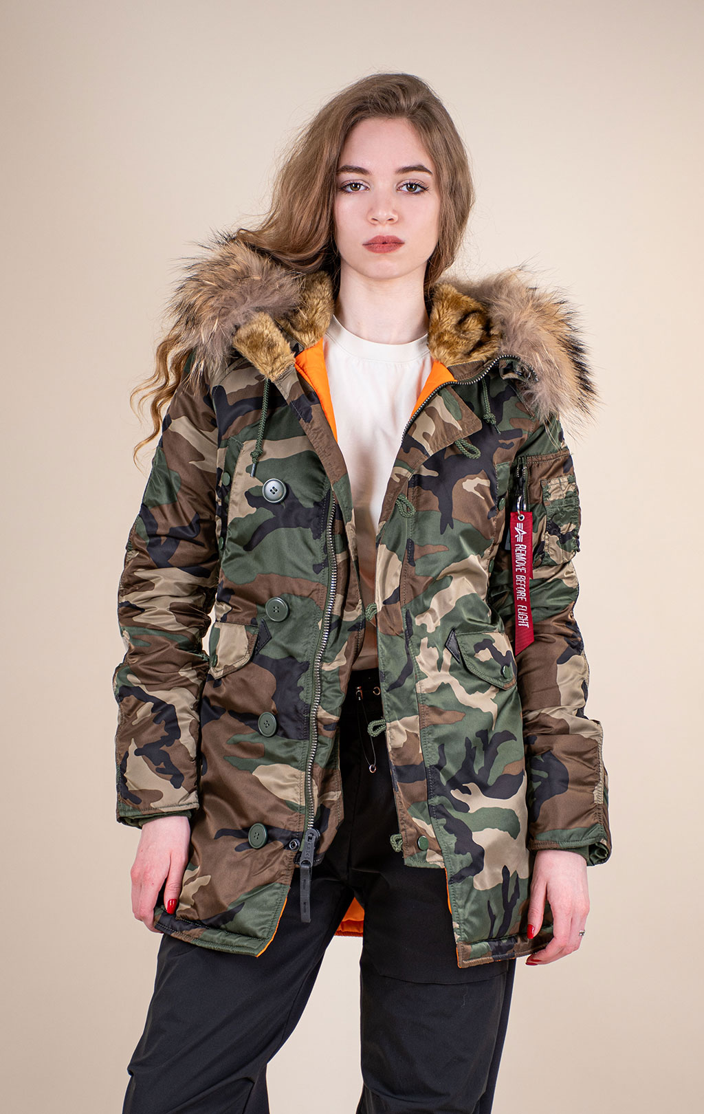 Женская аляска ALPHA INDUSTRIES VF 59 N-3B натур. мех camo woodland 65 