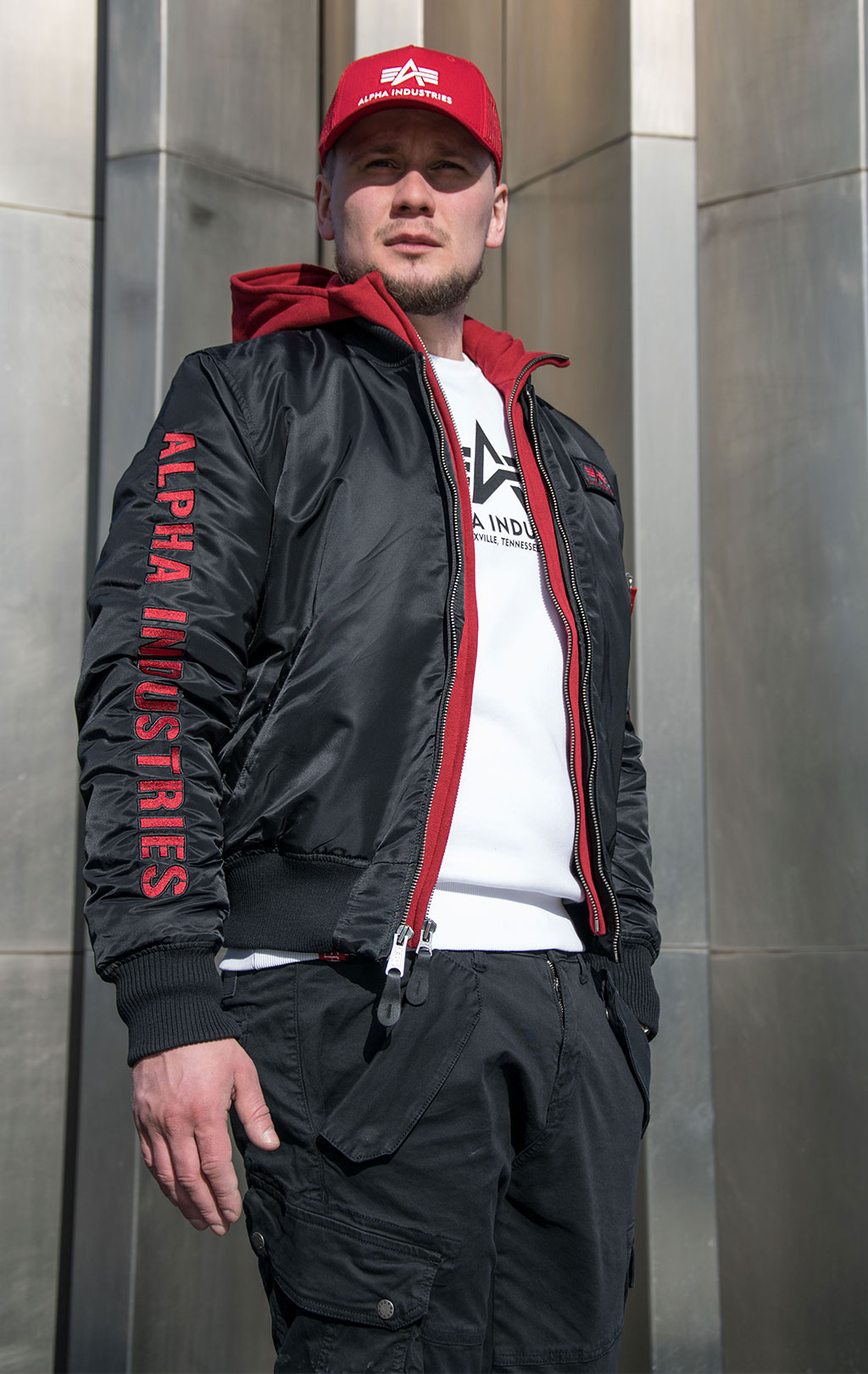 Куртка-бомбер лётная ALPHA INDUSTRIES D-Tec SE big size MA-1 black/red 