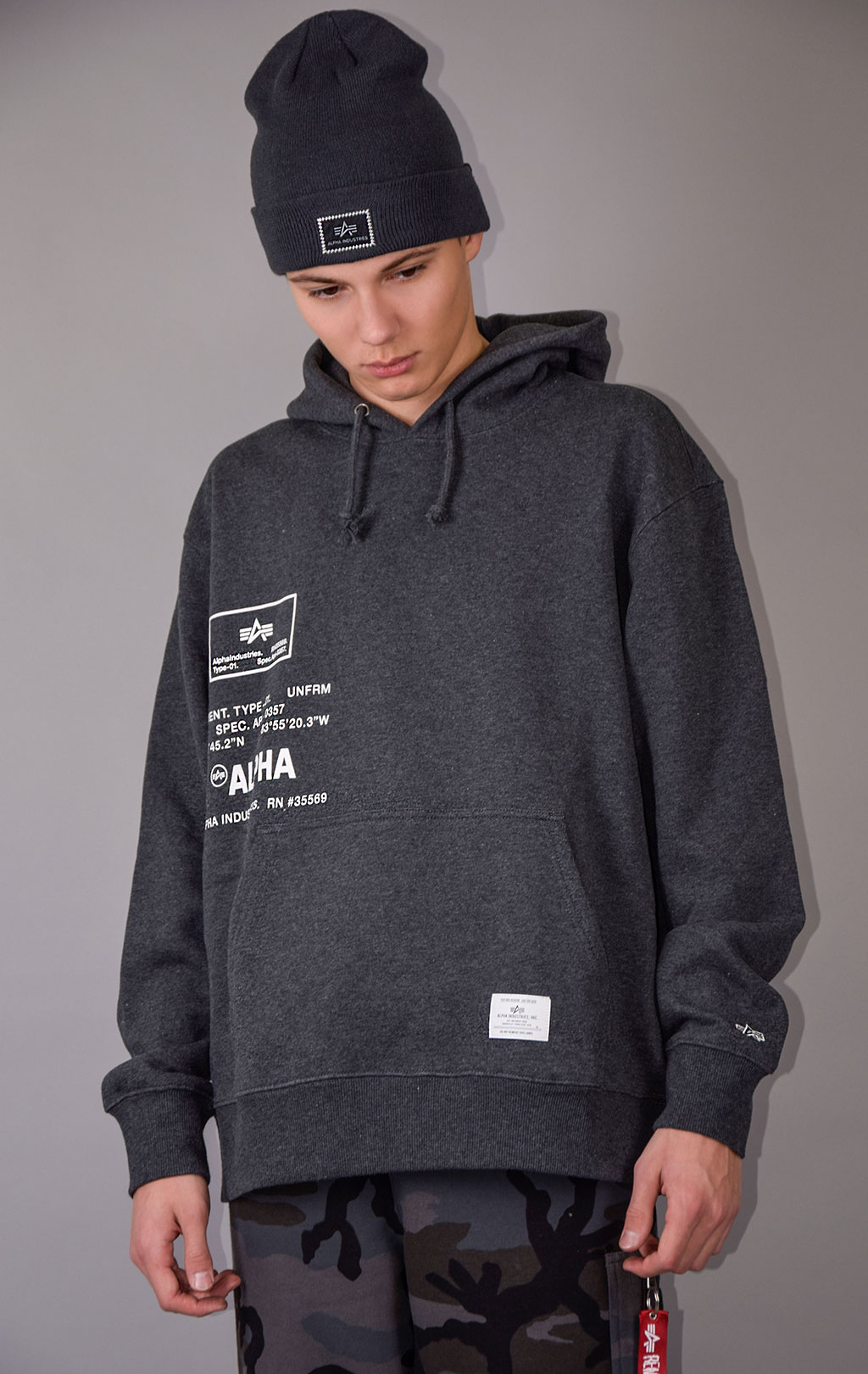 Толстовка ALPHA INDUSTRIES ESSENTIAL SPEC PRINT HOODIE FW 22/23 dark charcoal heather 