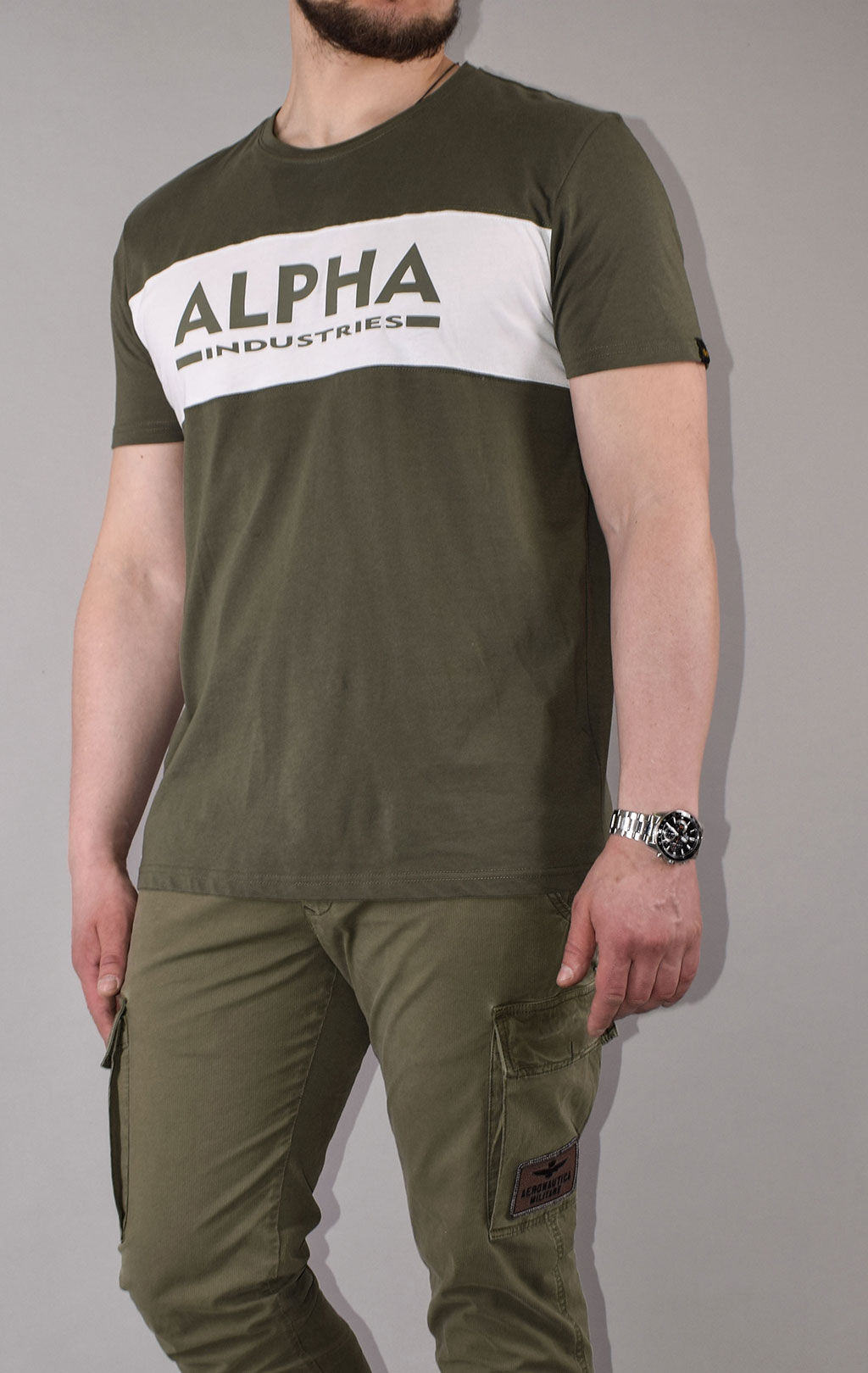 Футболка ALPHA INDUSTRIES ALPHA INLAY dark olive/white 