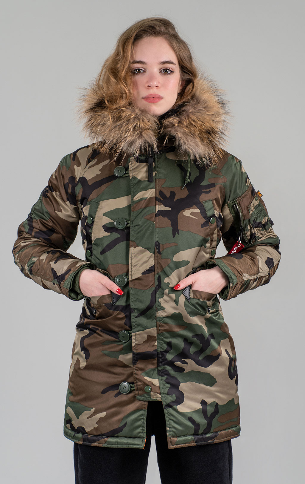 Женская аляска ALPHA INDUSTRIES VF 59 N-3B натур. мех camo woodland 65 