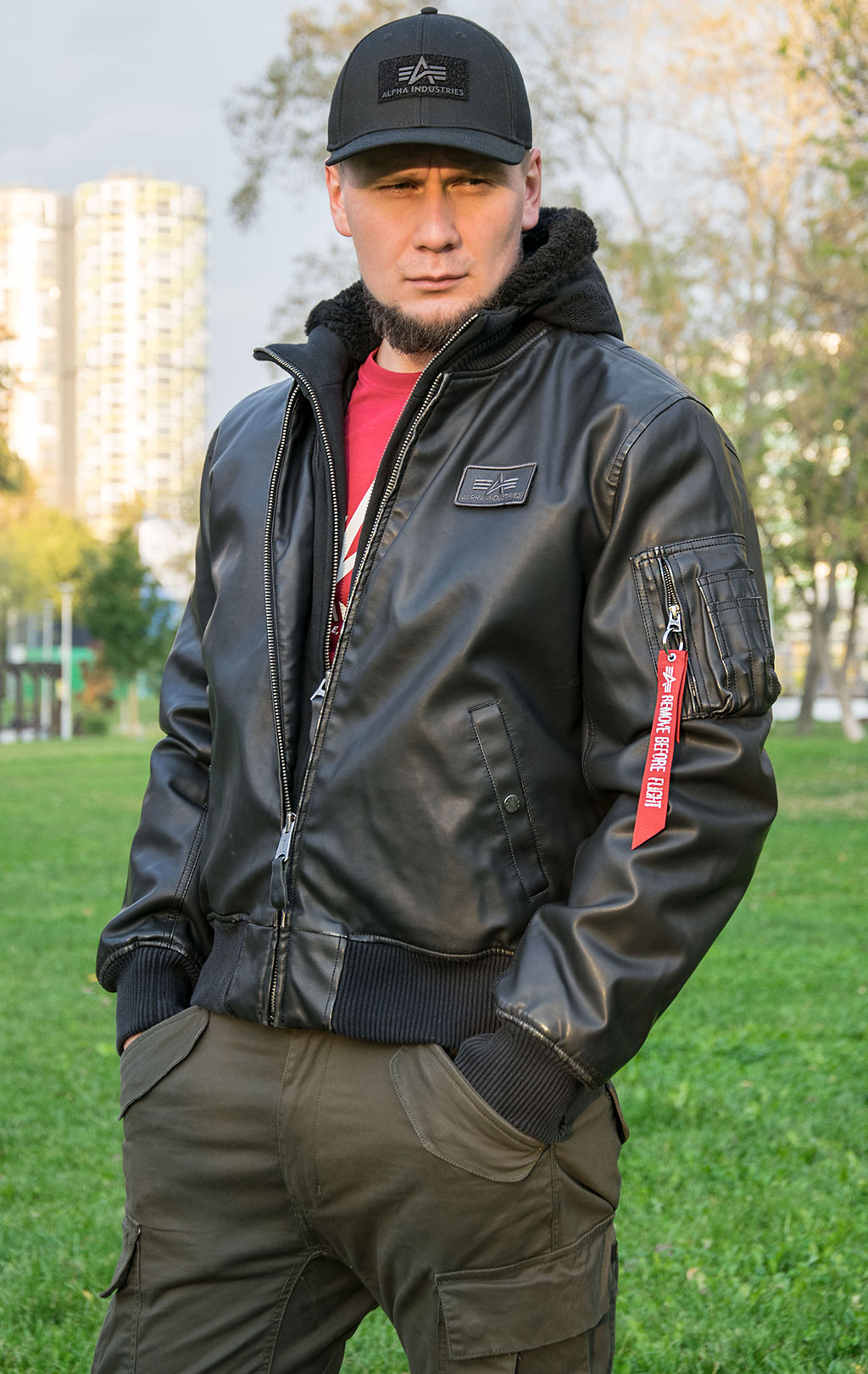 Куртка-бомбер лётная ALPHA INDUSTRIES D-Tec FL MA-1 экокожа black/black 