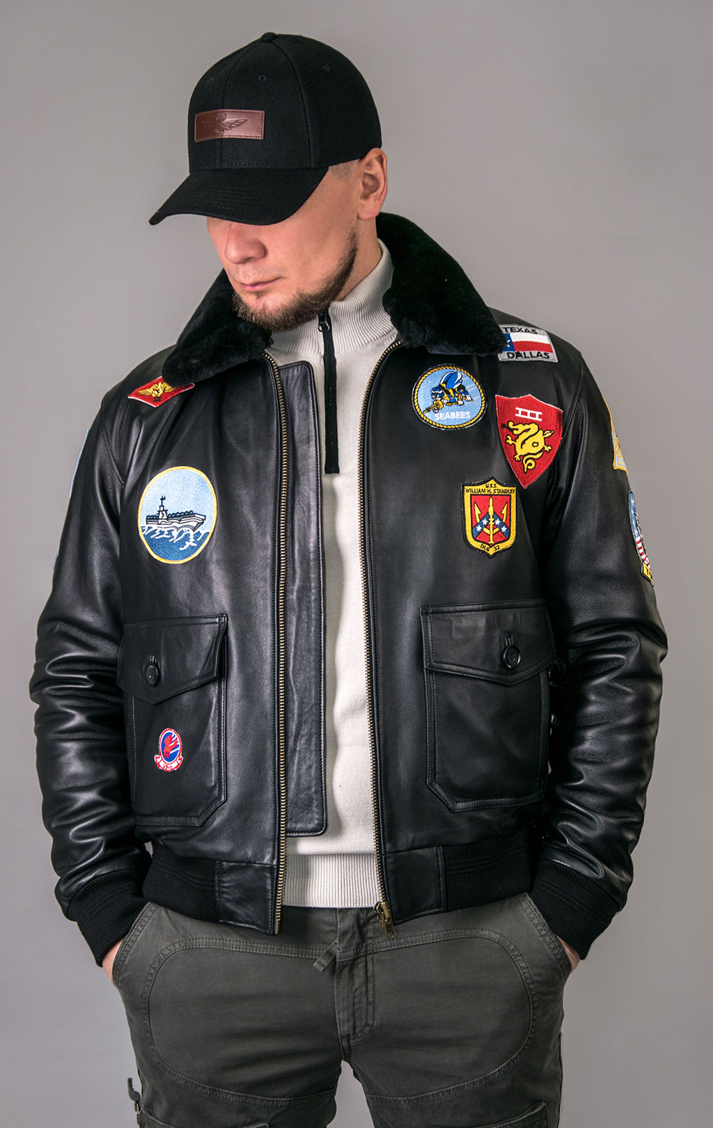 Куртка-пилот KODZIC G-1 кожа с нашивками MH black 