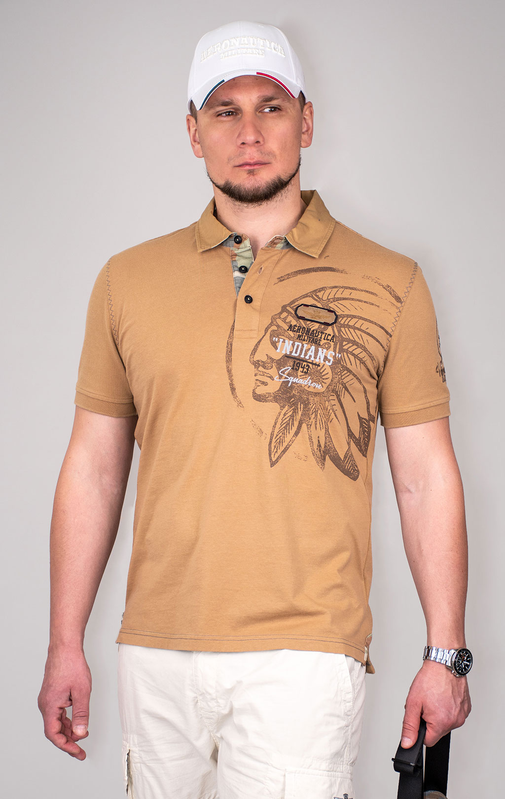 Футболка-поло AERONAUTICA MILITARE INDIAN PRINT SS 24 m/TR peanut brown (PO 1781) 