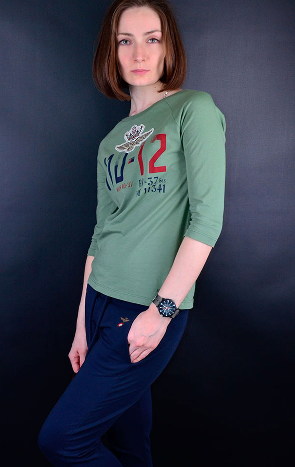Женская футболка AERONAUTICA MILITARE рукава 3/4 verde militare (TS 1506) 
