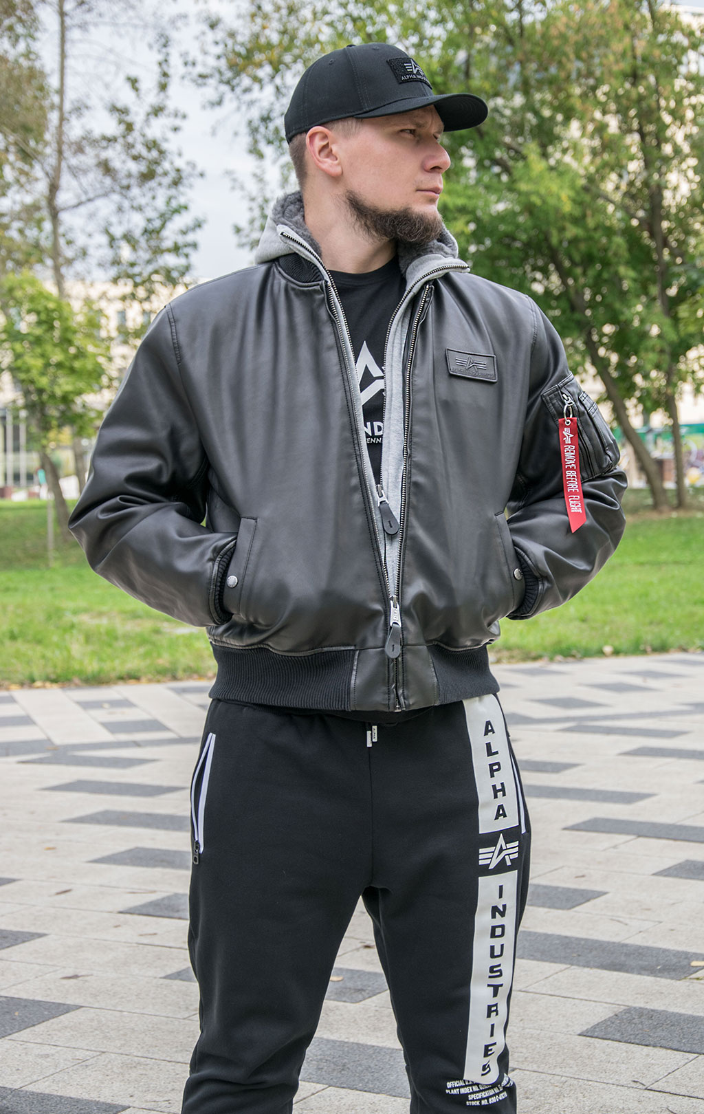 Куртка-бомбер лётная ALPHA INDUSTRIES D-Tec FL MA-1 экокожа black/grey 