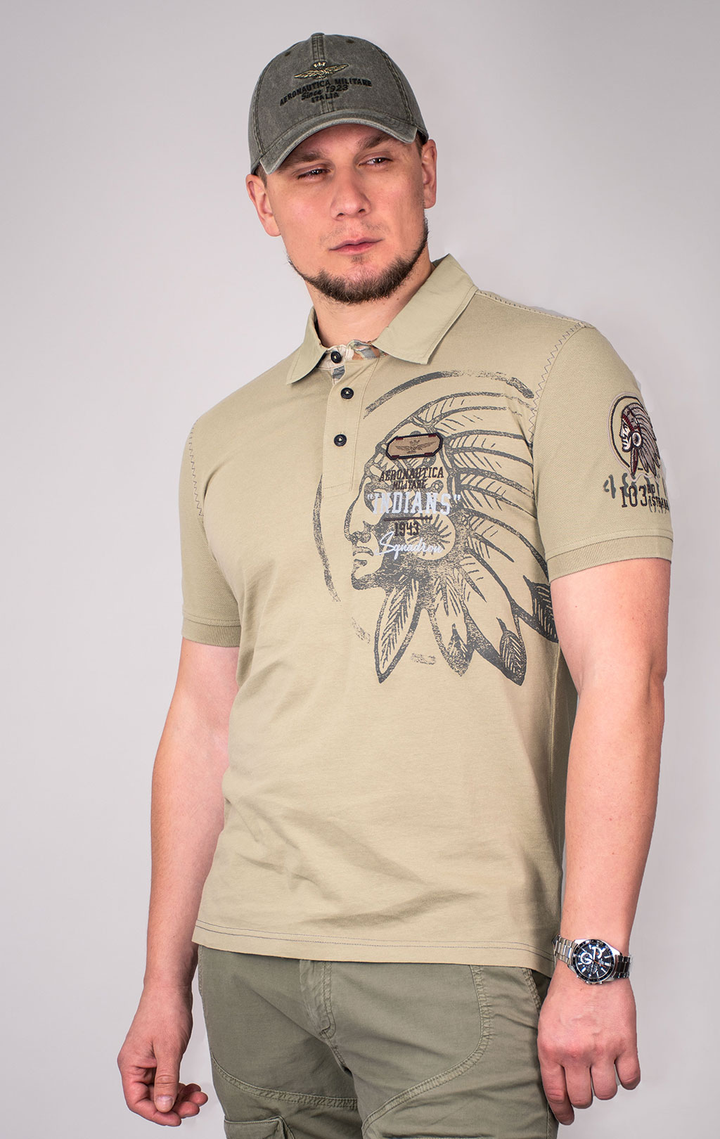 Футболка-поло AERONAUTICA MILITARE INDIAN PRINT SS 24 m/TR sage green (PO 1781) 