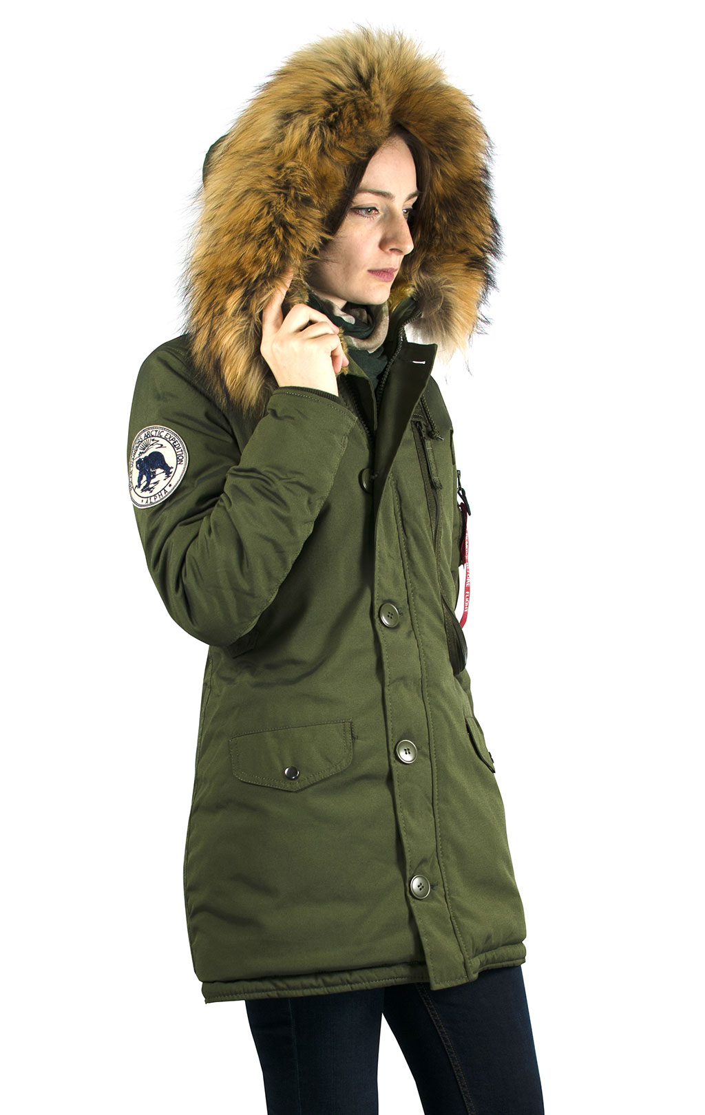 Женская аляска ALPHA INDUSTRIES POLAR натур. мех dark green 