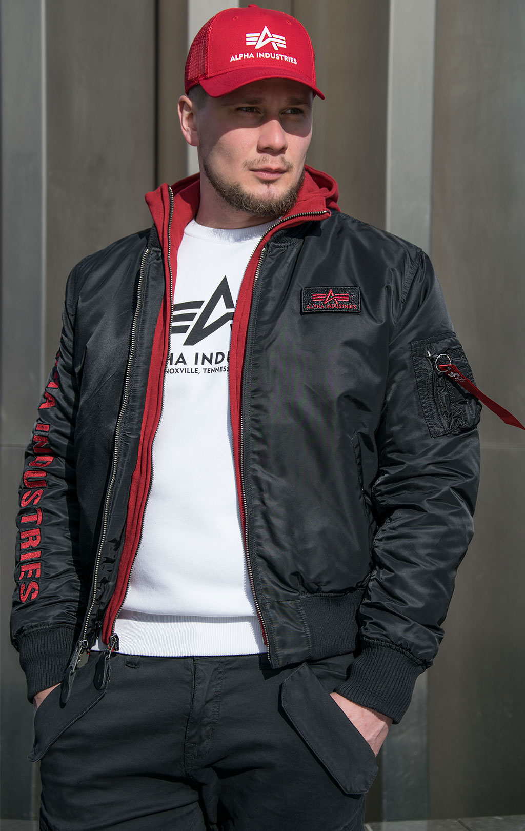 Куртка-бомбер лётная ALPHA INDUSTRIES D-Tec SE big size MA-1 black/red 