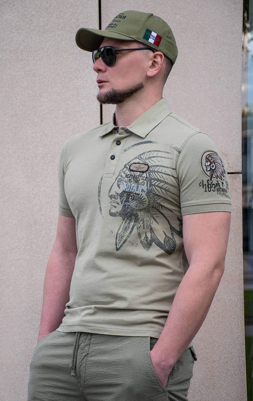 Футболка-поло AERONAUTICA MILITARE INDIAN PRINT SS 24 m/TR sage green (PO 1781) 