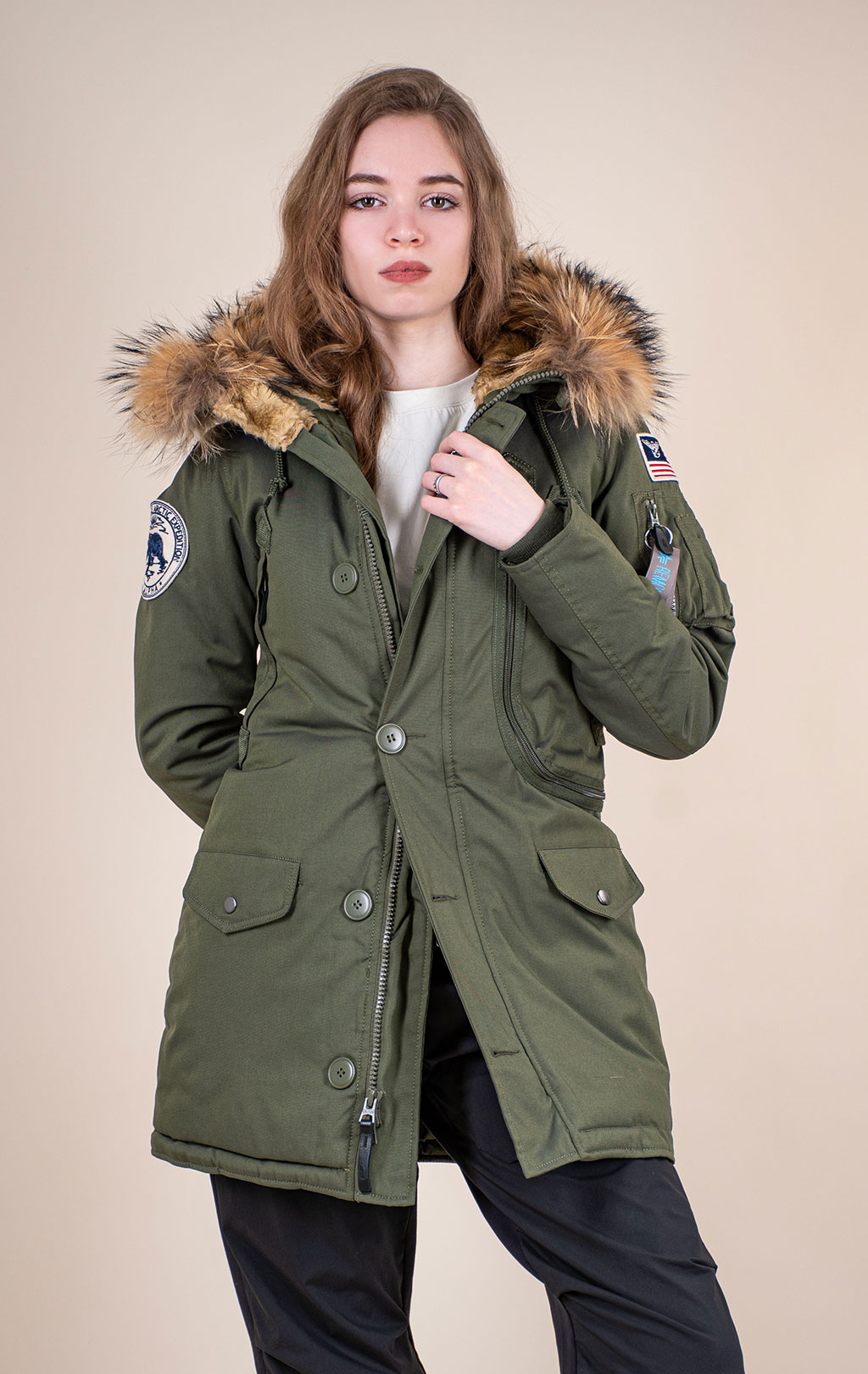 Женская аляска ALPHA INDUSTRIES POLAR натур. мех dark green 