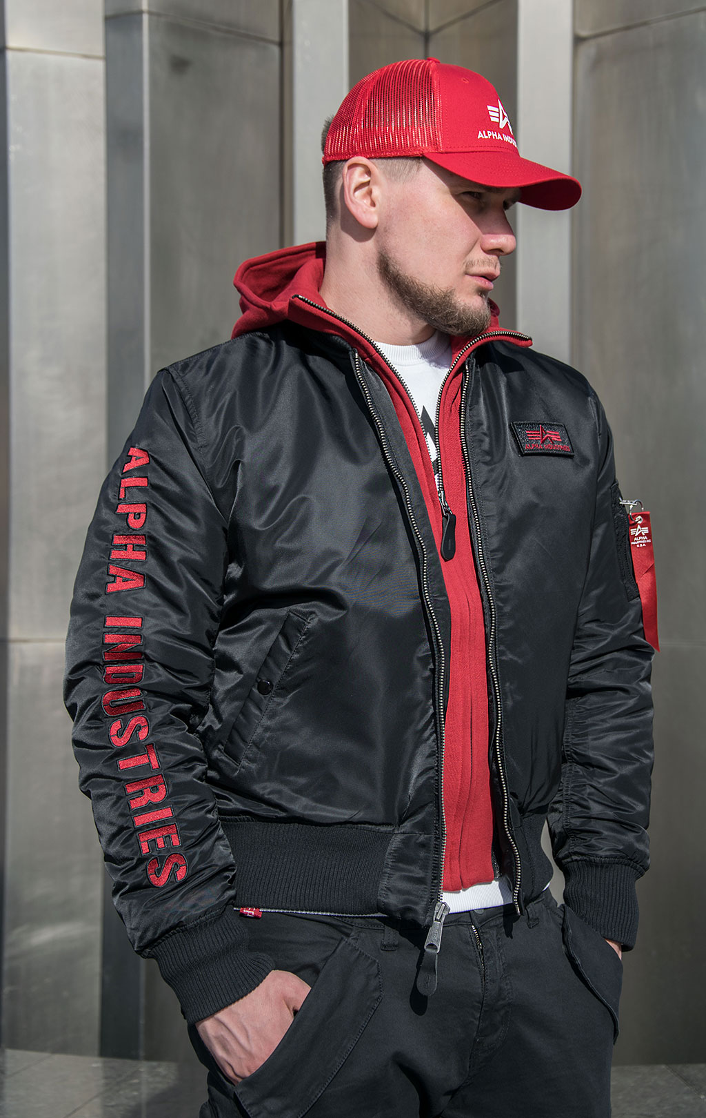 Куртка-бомбер лётная ALPHA INDUSTRIES D-Tec SE big size MA-1 black/red 