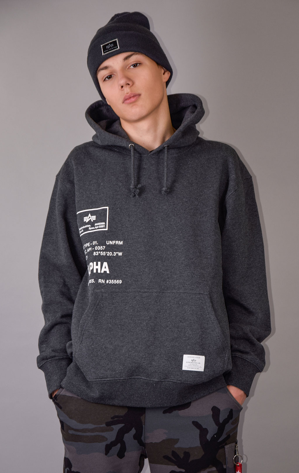 Толстовка ALPHA INDUSTRIES ESSENTIAL SPEC PRINT HOODIE FW 22/23 dark charcoal heather 