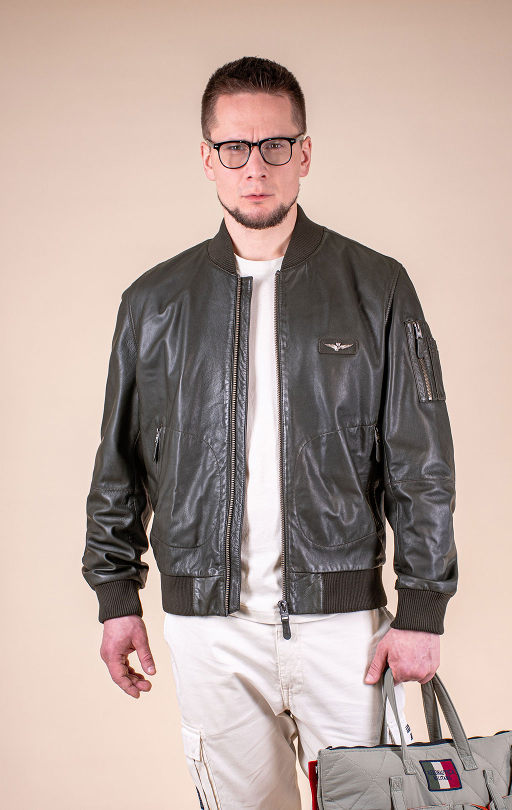 Куртка-бомбер AERONAUTICA MILITARE big size кожа SS 26/IN bottiglia (PN 5053) 