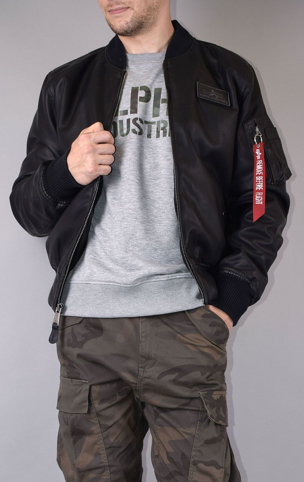 Куртка-бомбер лётная ALPHA INDUSTRIES D-Tec FL MA-1 экокожа black/black 