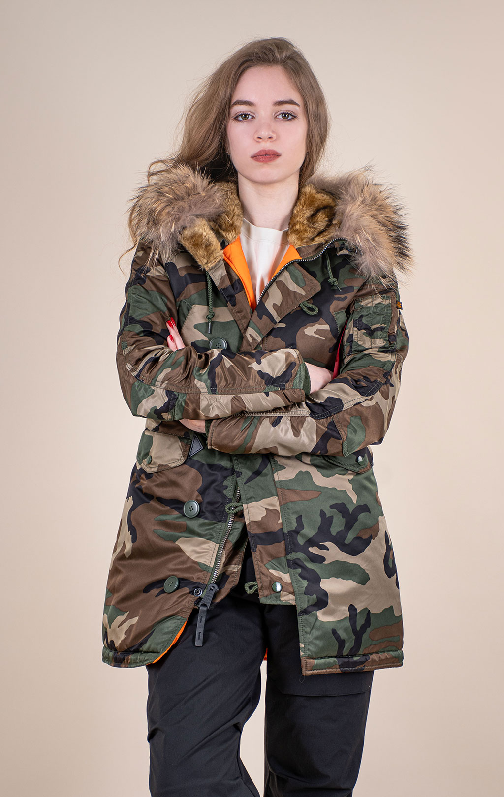 Женская аляска ALPHA INDUSTRIES VF 59 N-3B натур. мех camo woodland 65 