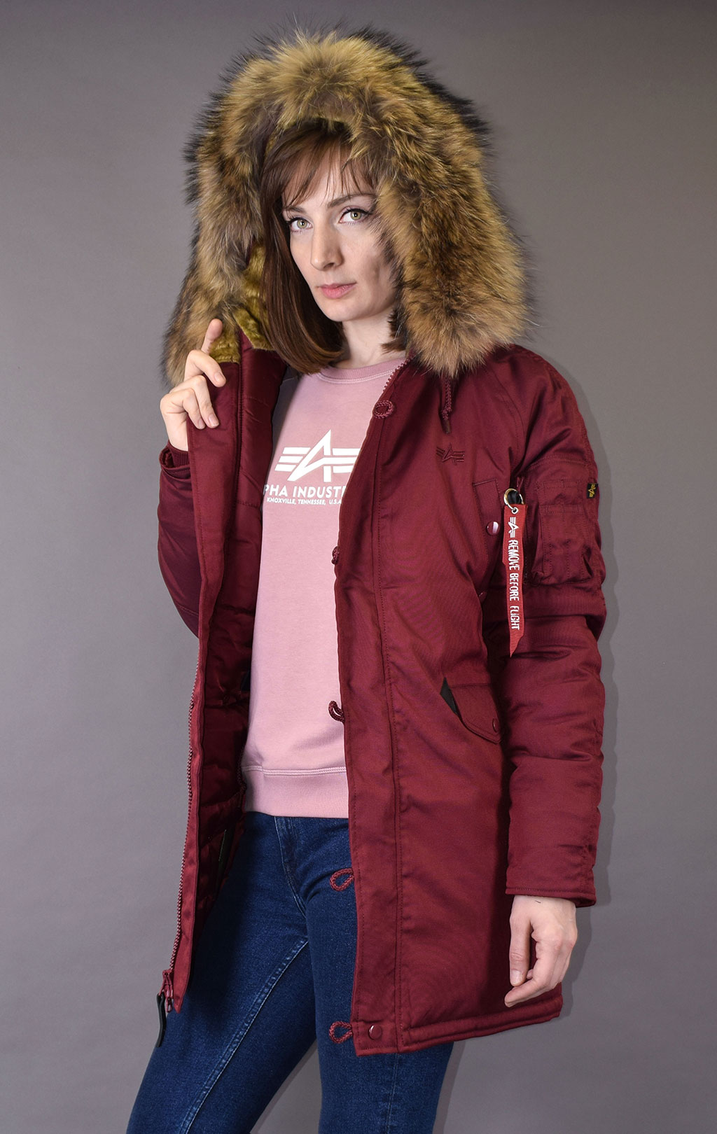 Женская аляска ALPHA INDUSTRIES EXPLORER натур. мех burgundy 