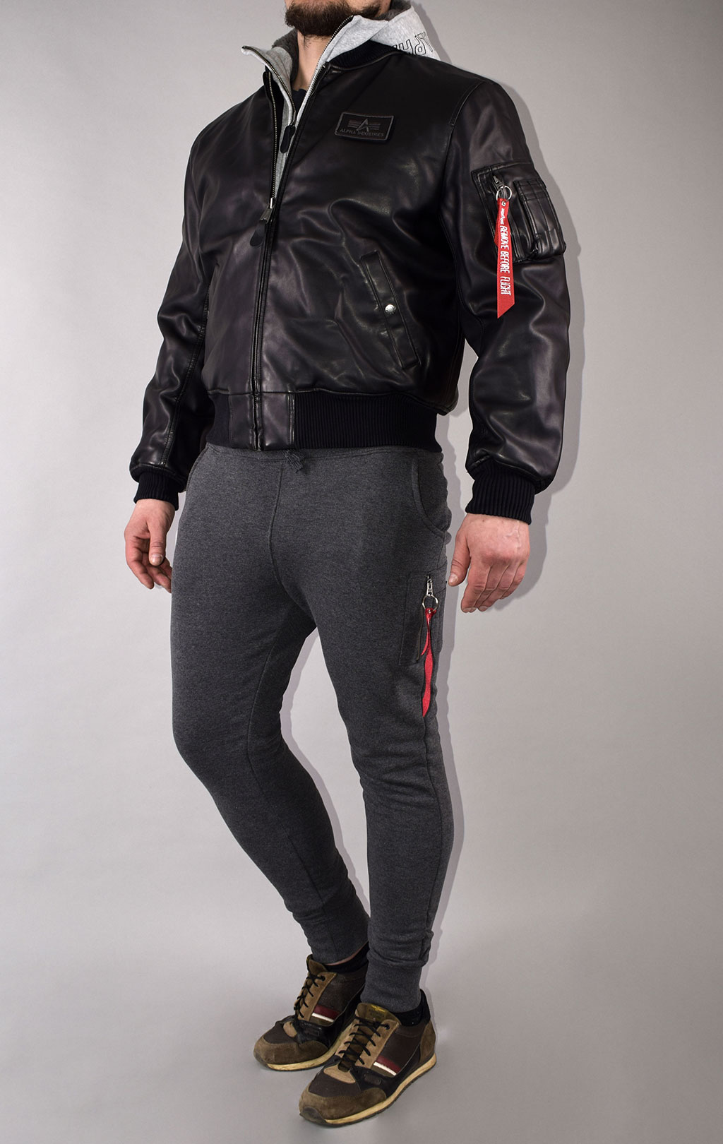 Куртка-бомбер лётная ALPHA INDUSTRIES D-Tec FL MA-1 экокожа black/grey 