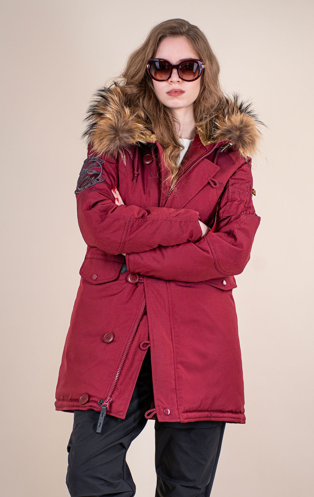 Женская аляска ALPHA INDUSTRIES EXPLORER натур. мех burgundy 