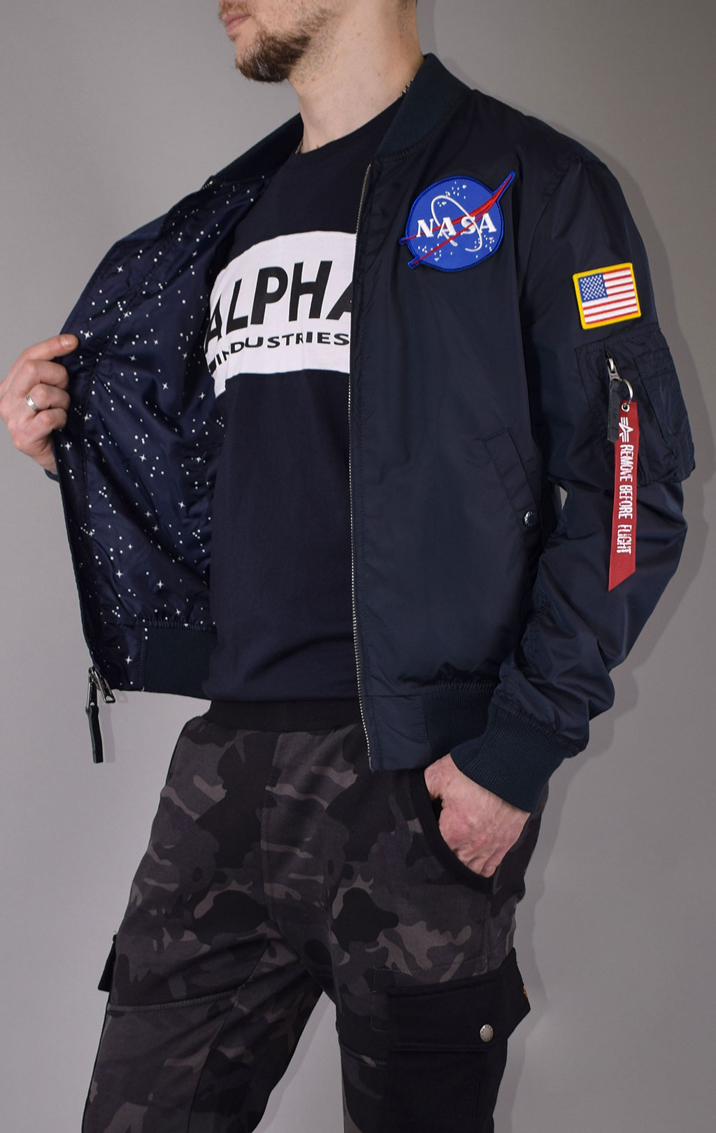 Ветровка-бомбер ALPHA INDUSTRIES TT NASA REVERSIBLE II MA-1 rep. blue 