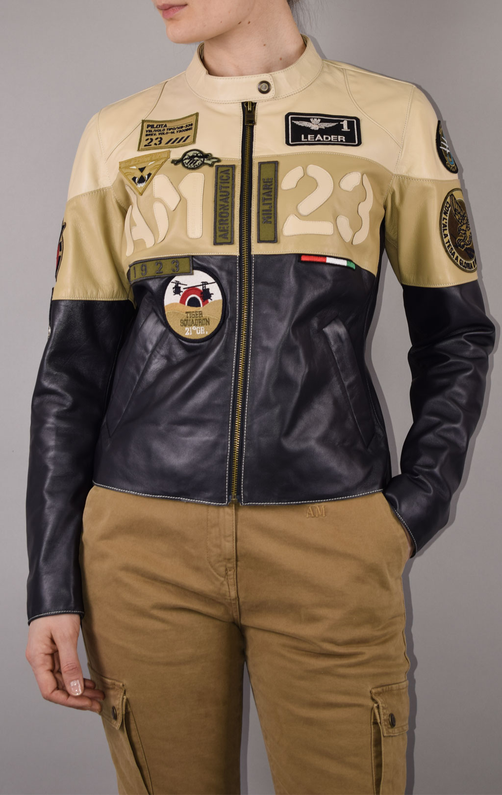 Женская куртка AERONAUTICA MILITARE кожа SS 22 m/IN beige/beige medio/blue navy (PN 6019) 