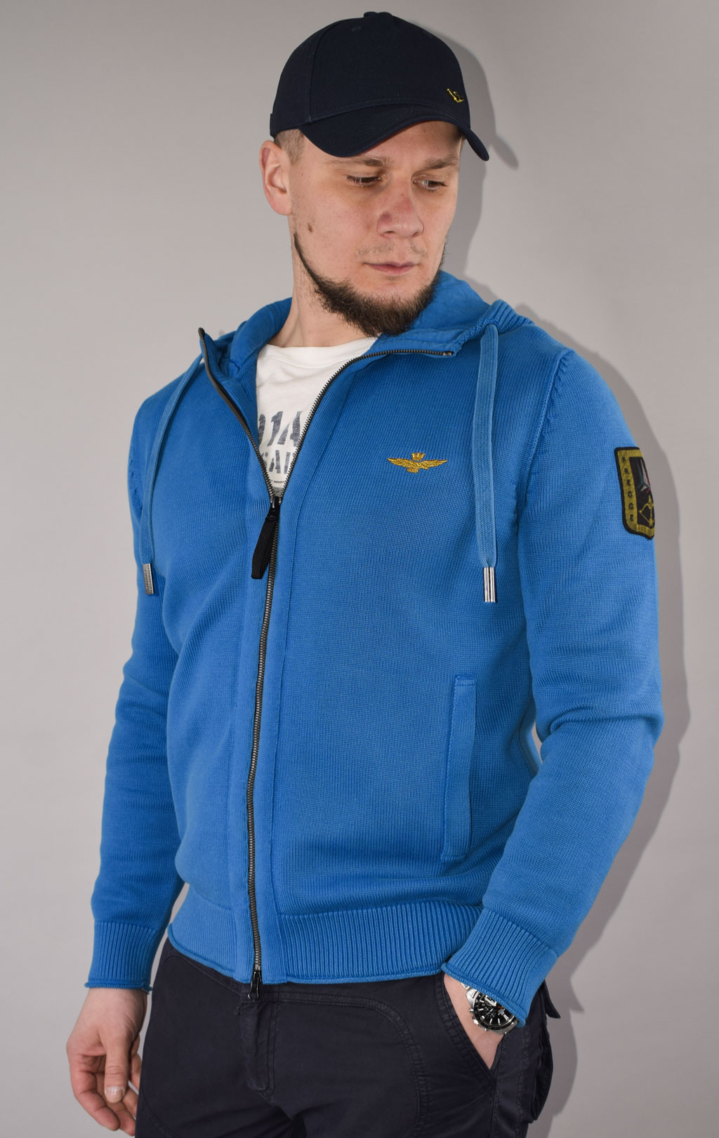 Свитер с капюшоном на молнии AERONAUTICA MILITARE FW 22/23/IN azzurro (MA 1406) 