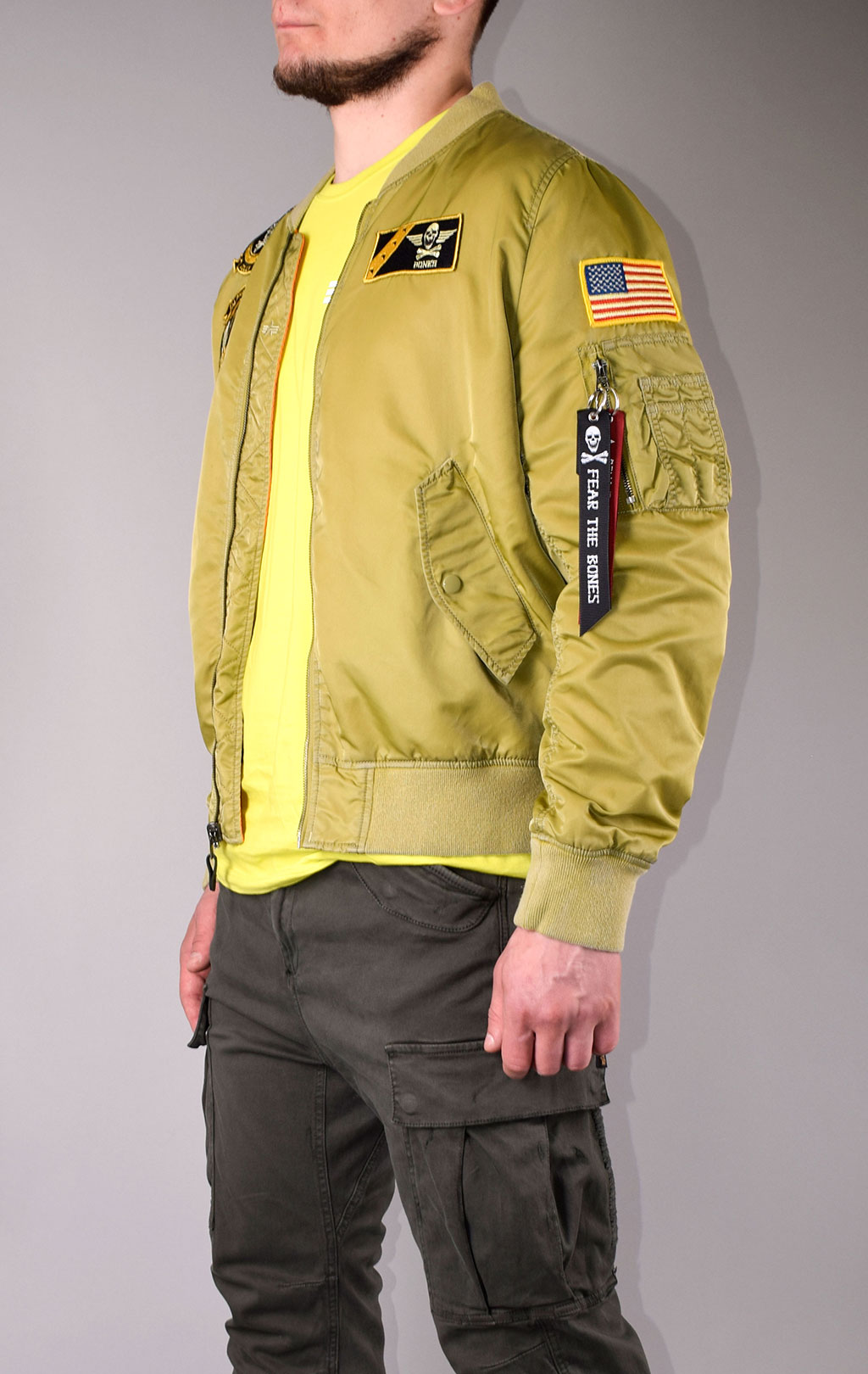 Ветровка-бомбер ALPHA INDUSTRIES FEAR THE BONES BATTLEWASH L-2B neon yellow 