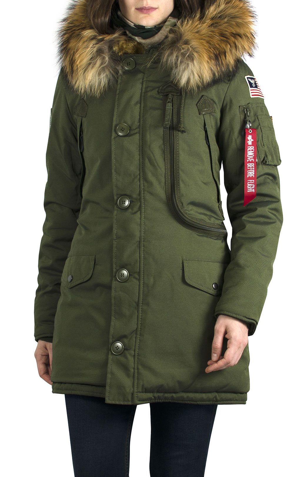 Женская аляска ALPHA INDUSTRIES POLAR натур. мех dark green 