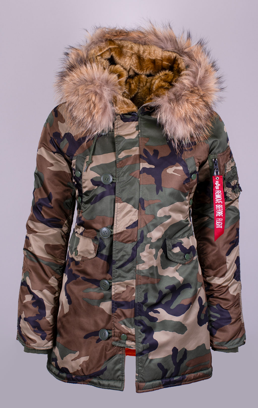 Женская аляска ALPHA INDUSTRIES VF 59 N-3B натур. мех camo woodland 65 