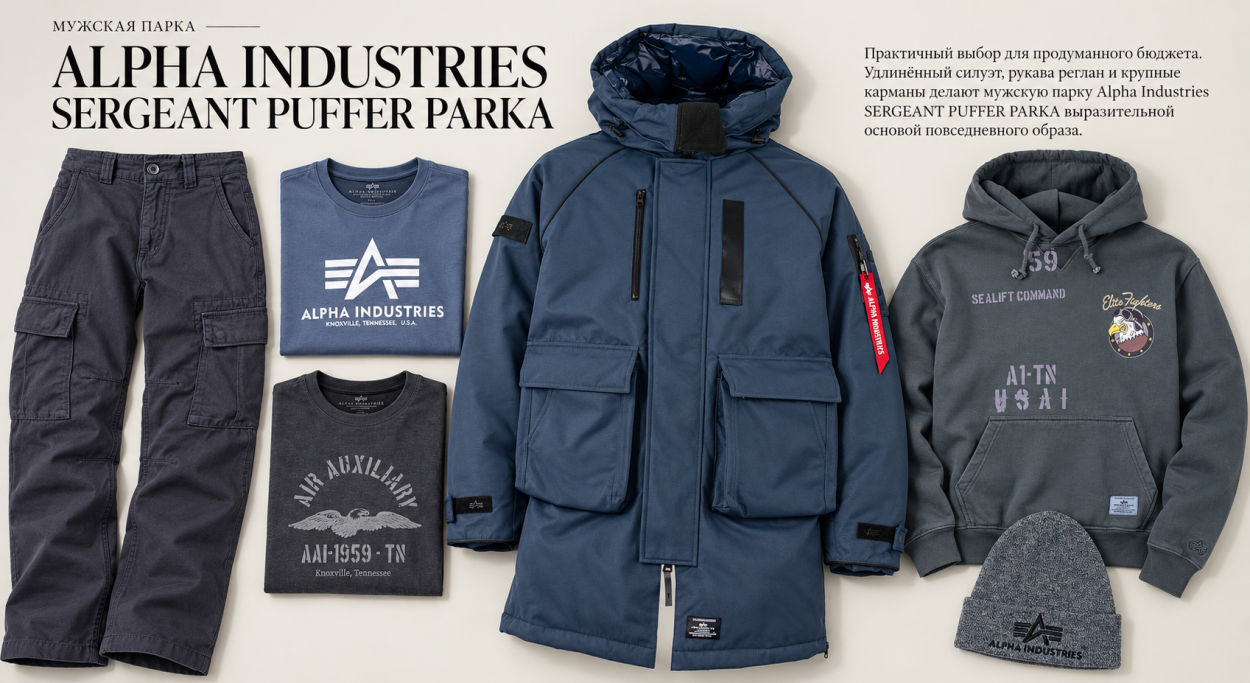 Инфографика про мужскую пуховую парку Alpha Industries Sergeant PUFFER PARKA - с чем носить и как сочетать мужскую парку Альфа