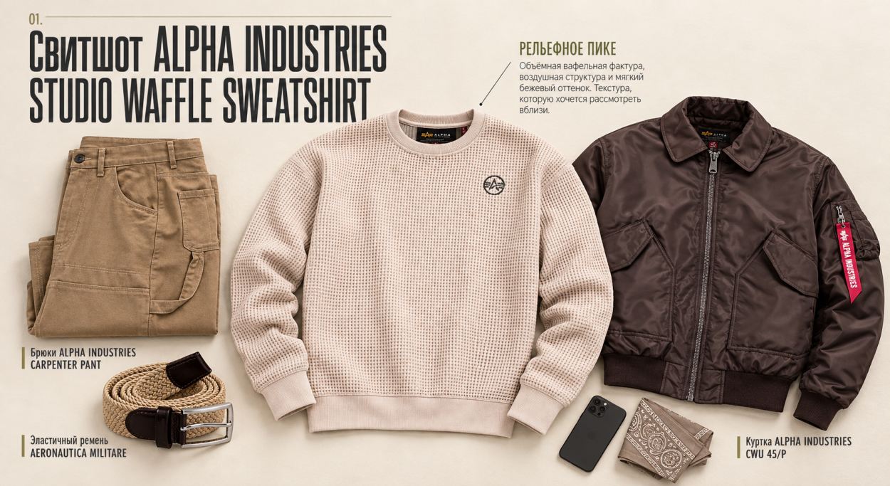Инфографика: гайд по толстовкам, свитшотам и олимпийкам. Свитшот Alpha Industries STUDIO WAFFLE SWEATSHIRT Инфографика: гайд по толстовкам, свитшотам и олимпийкам. Свитшот Alpha Industries STUDIO WAFFLE SWEATSHIRT