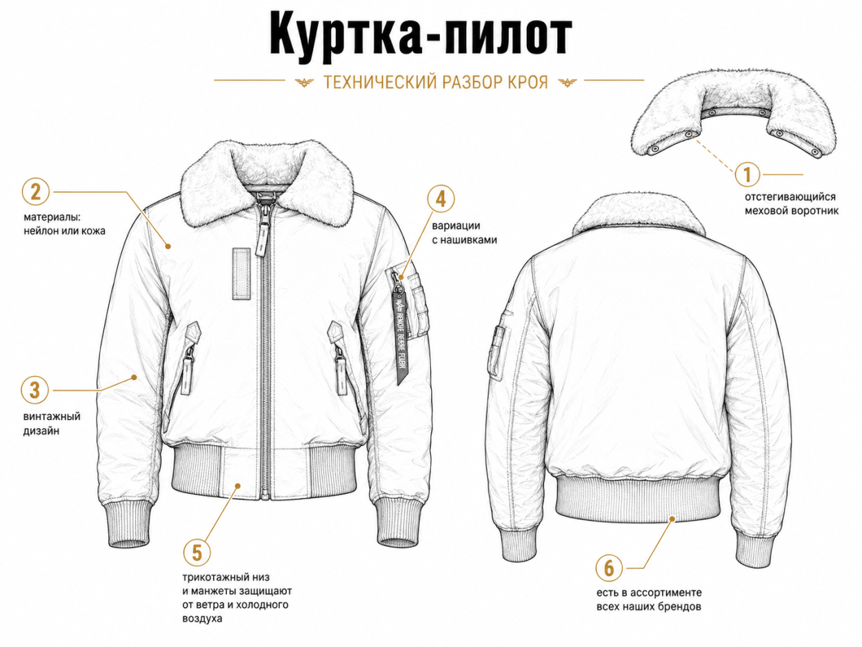Инфографика - детали кроя куртки-пилота. Лучшие зимние мужские куртки 2026/27