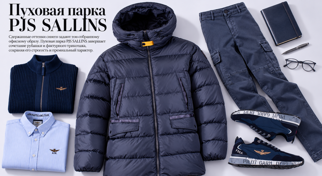 Инфографика по мужской пуховой парке PJS SALLINS FW 26/27 и с чем ее носить