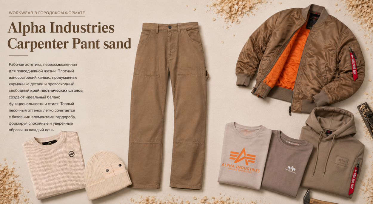 Инфографика по брюкам плотника Альфа Carpenter Pant sand - с чем носить новые брюки Alpha Industries Carpenter Pant sand Инфографика по брюкам плотника Альфа Carpenter Pant sand - с чем носить новые брюки Alpha Industries Carpenter Pant sand