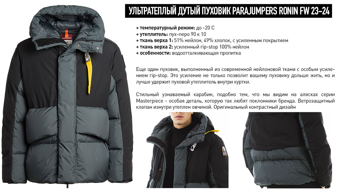 Новый дутый мужской пуховик PARAJUMPERS RONIN FW 23-24. Инфографика