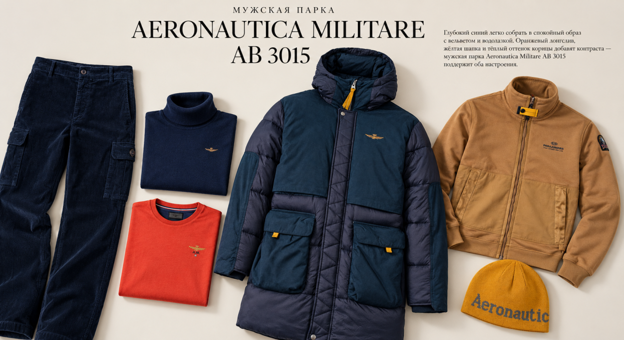 Инфографика с мужской паркой Aeronautica Militare AB 3015 - с чем ее носить и как сочетать