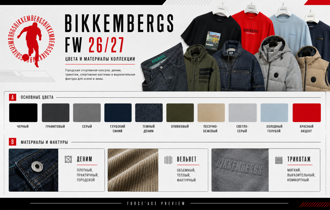 Инфографика Bikkembergs FW 26/27 — концепция, цвета и фактуры коллекции Инфографика Bikkembergs FW 26/27 — концепция, цвета и фактуры коллекции
