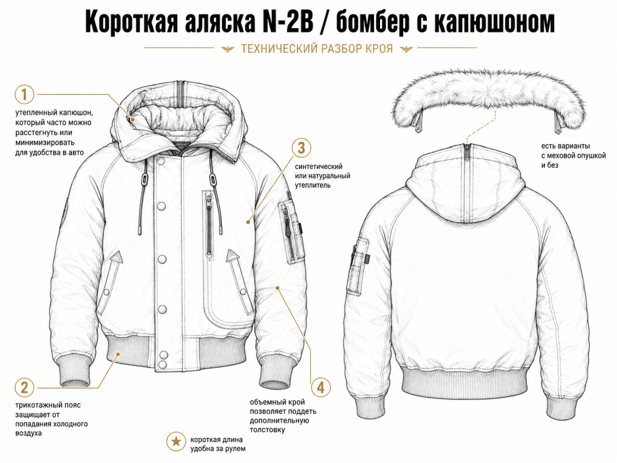 Инфографика по крою короткой аляски N-2B и бомберов с капюшоном. Топ-10 мужских зимних курток 2026/27