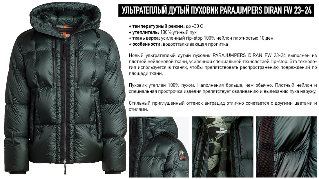 Дутый мужской пуховик Parajumpers DIRAN FW 23-24. Инфографика 2 по деталям кроя