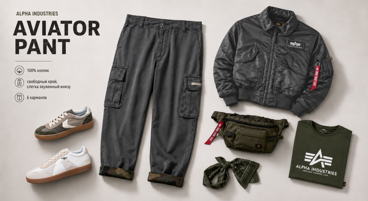 Инфографика по новым брюкам-карго Alpha Industries Aviator Pant - с чем носить новые брюки-карго Альфа Индастриз Авиатор Инфографика по новым брюкам-карго Alpha Industries Aviator Pant - с чем носить новые брюки-карго Альфа Индастриз Авиатор