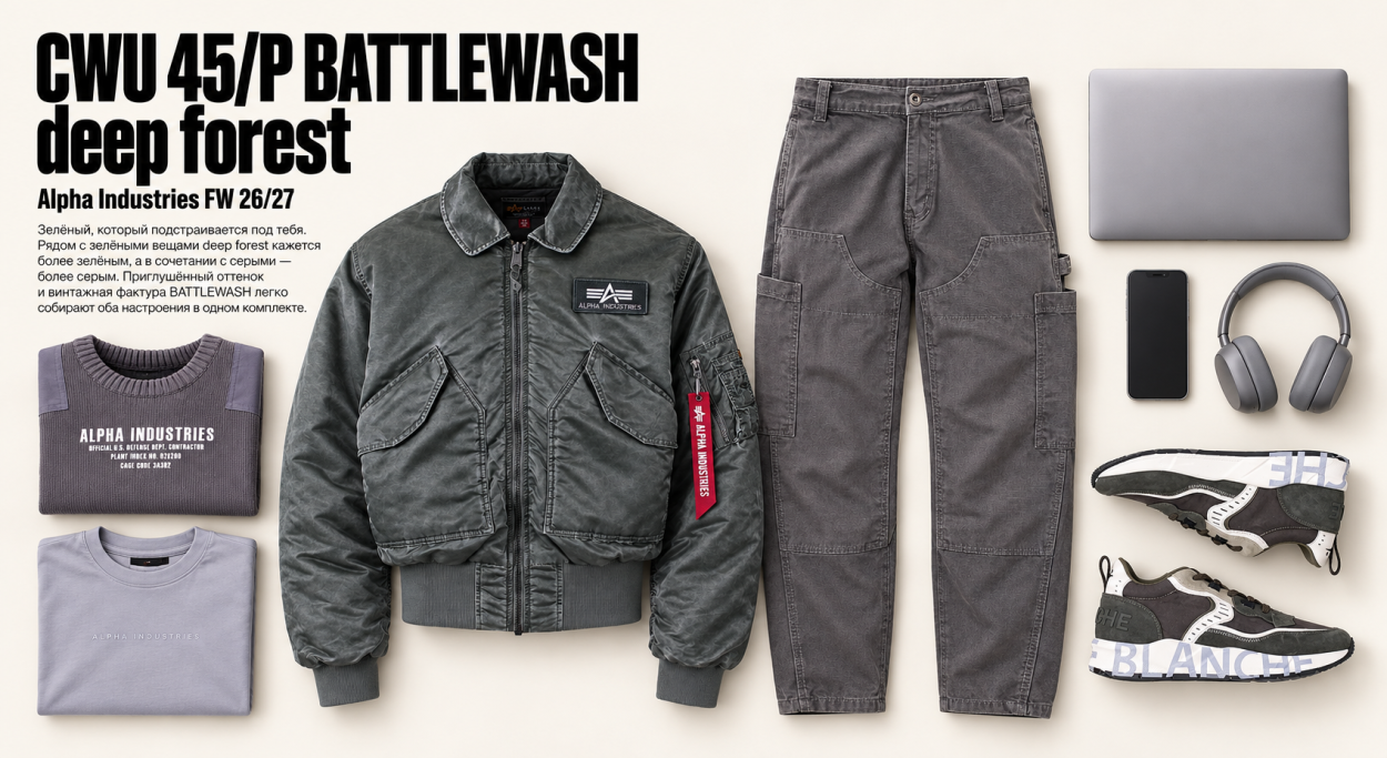 Инфографика 5 - бомбер Alpha Industries CWU 45/P Battlewash deep forest 