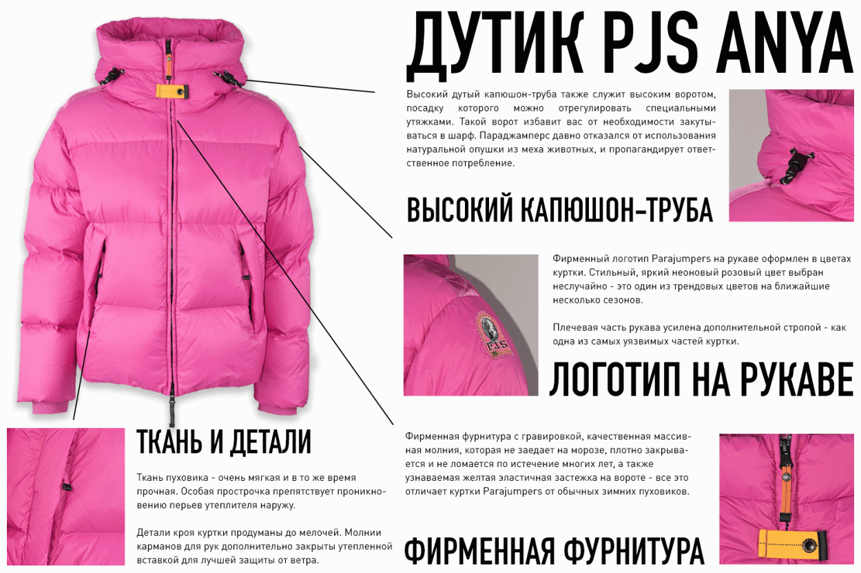 Новый женский короткий дутик Parajumpers ANYA. Инфографика по деталям кроя