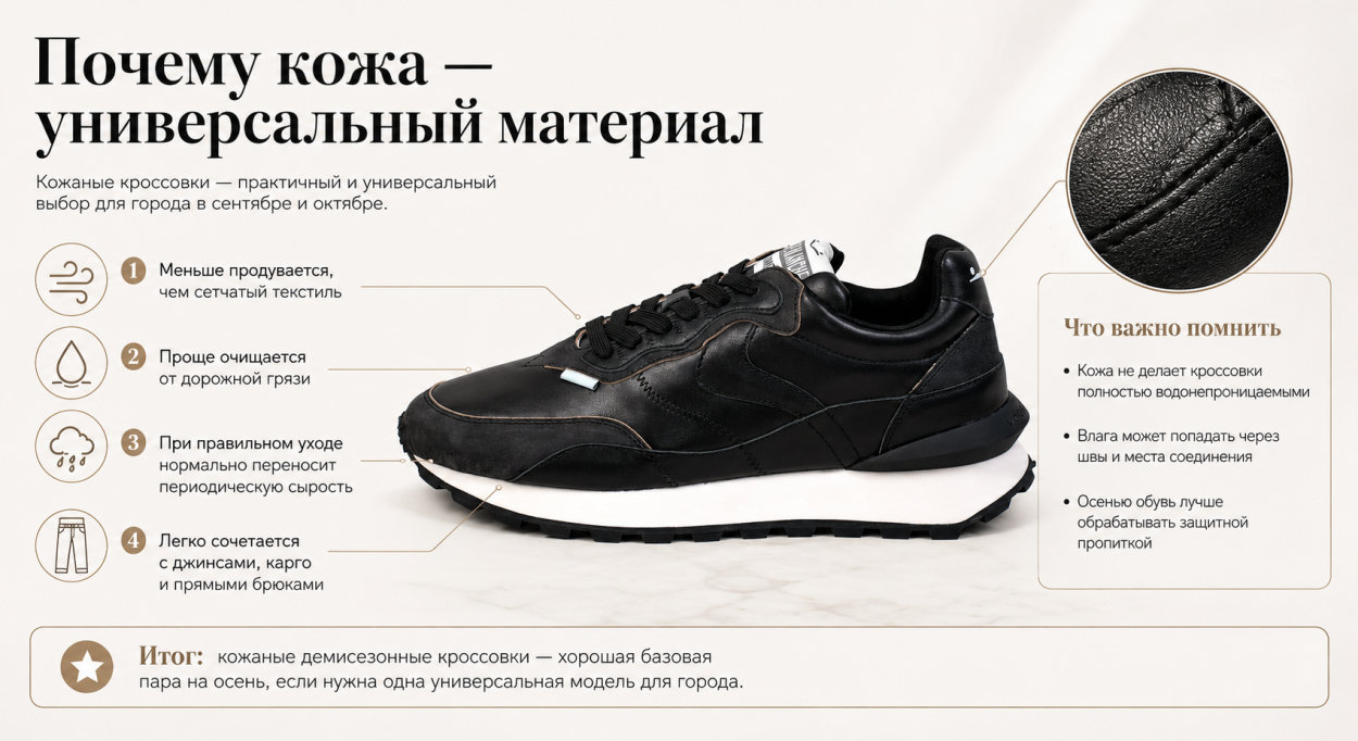 Почему кожаные кроссовки - универсальный вариант на осень инфографика 1
